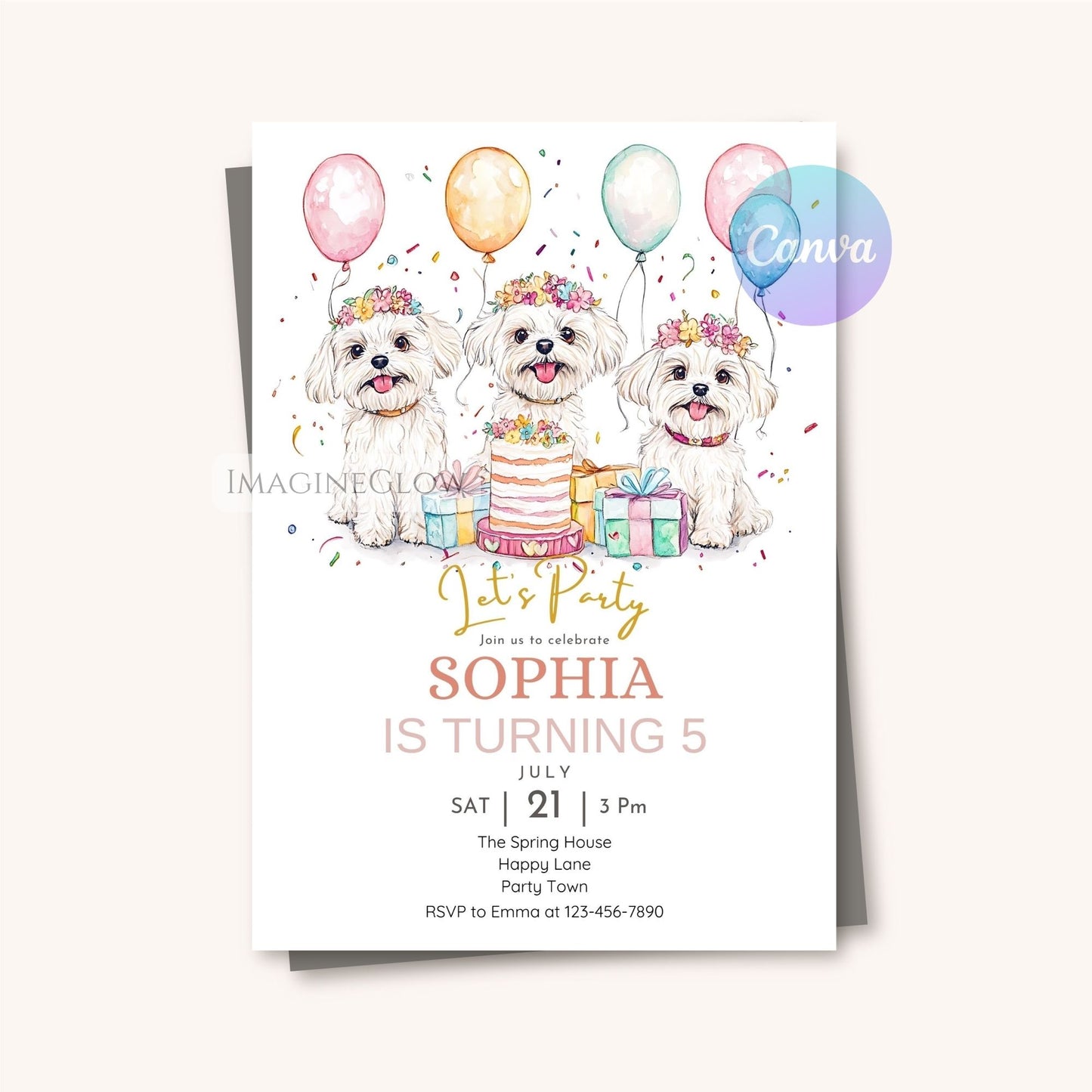 White puppy party invitation for girls
