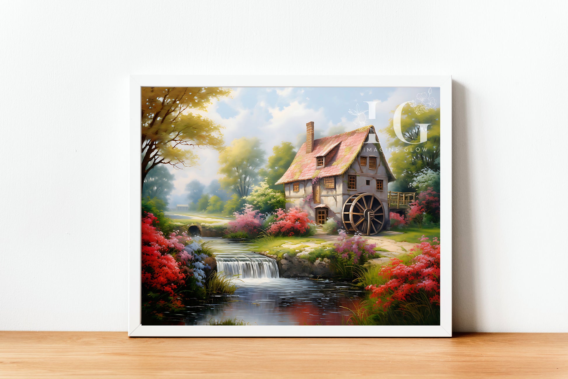 Rustic landscape with water wheel and watermill