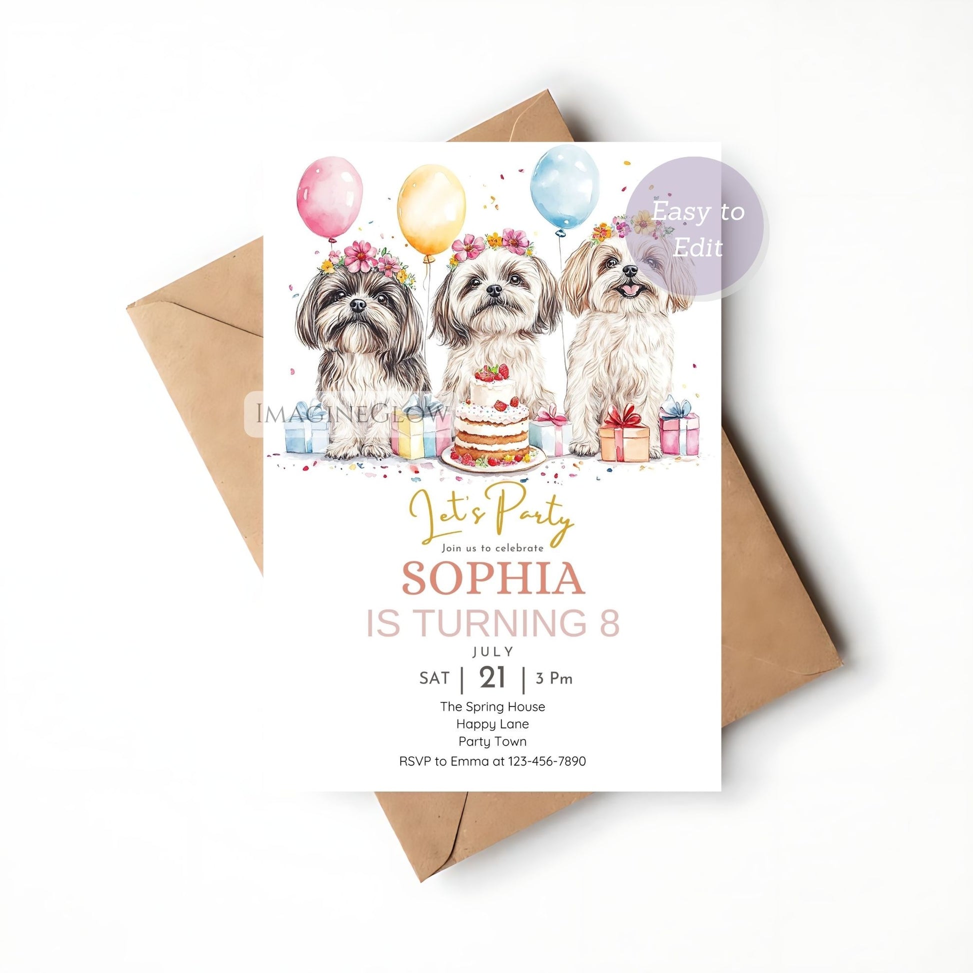 Printable birthday invite with Shih Tzu dog
