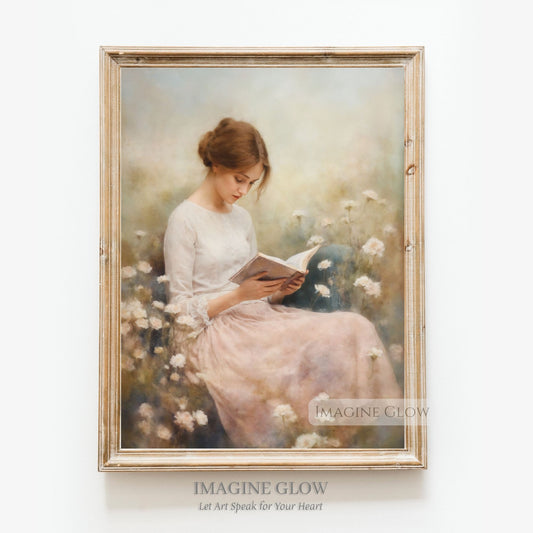Woman Reading in Wildflower Field - Printable Vintage Wall Art for Tranquil Decor
