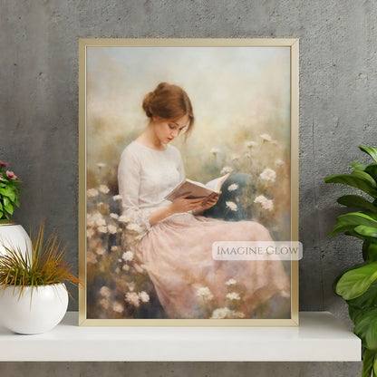 Woman Reading in Wildflower Field Wall Art Tranquil Decor
