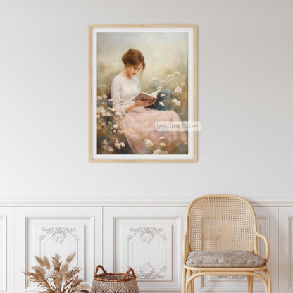 Woman Reading in Wildflower Field Wall Art for Tranquil Decor