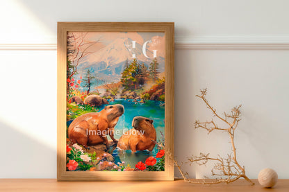 Delightful Capybaras in onsen print designed to bring a peaceful and charming Japanese vibe to your bathroom.