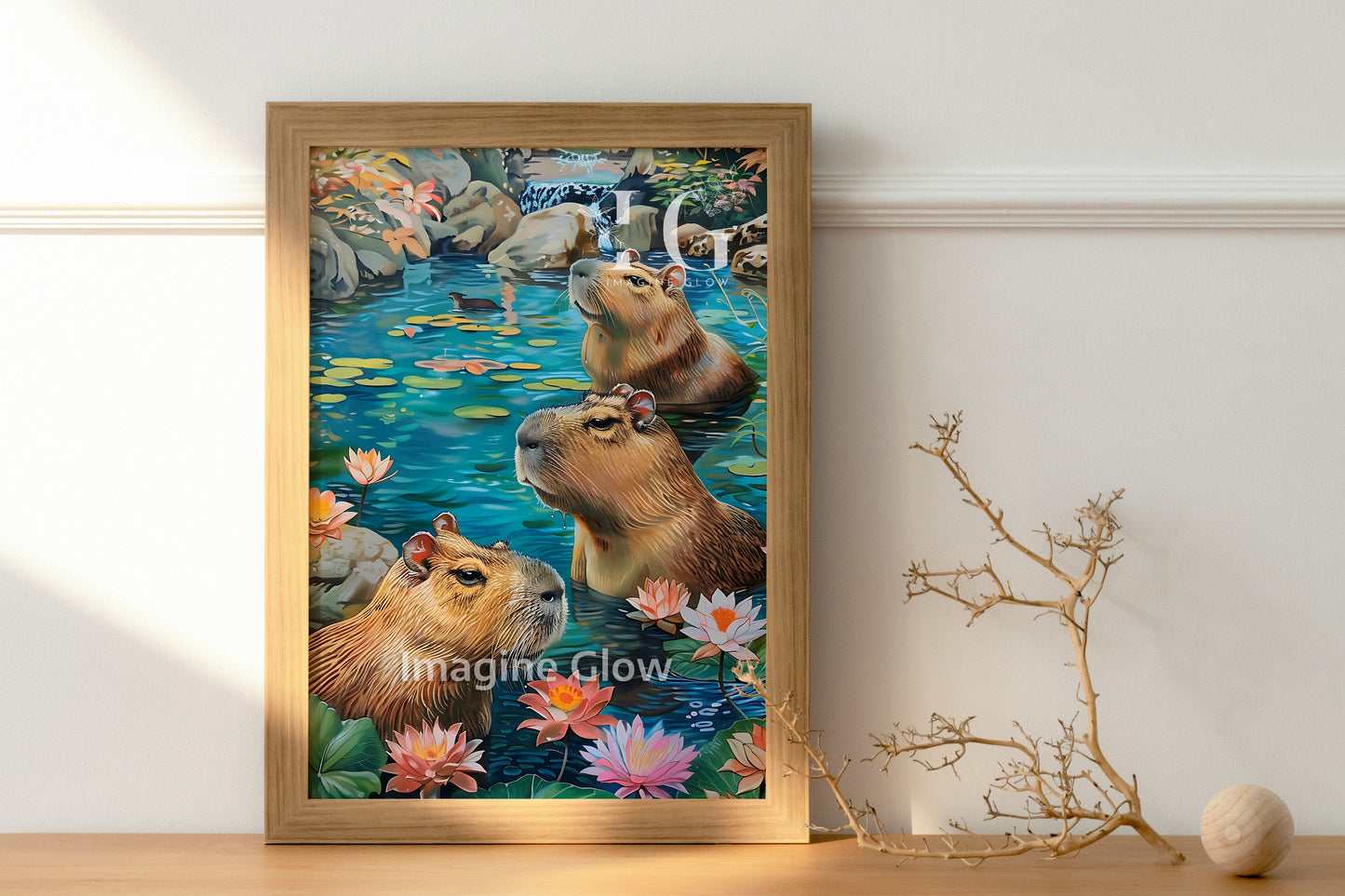 Capybaras in an onsen illustration, ideal for adding a Japanese touch to your bathroom.