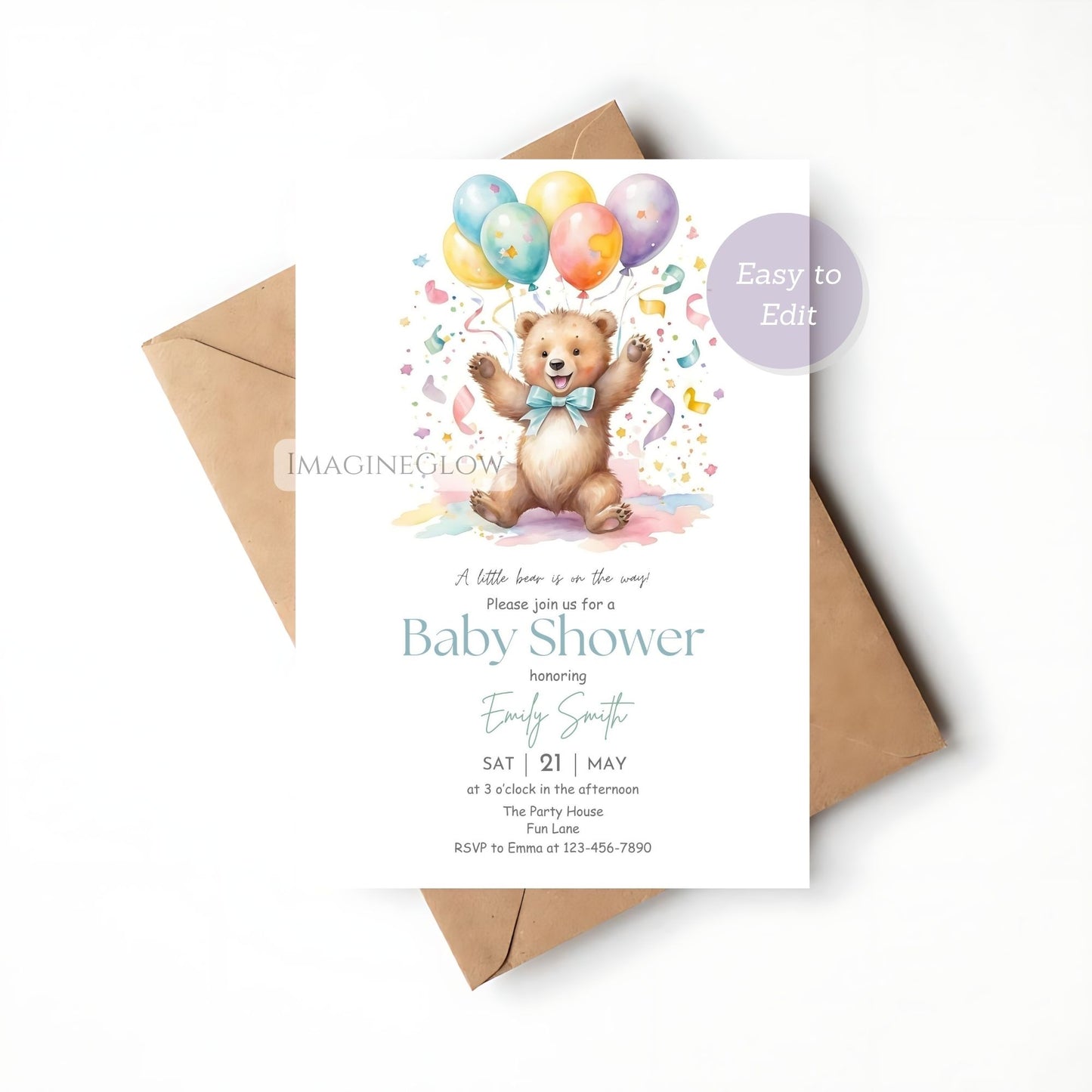 Boy baby shower invitation with bear design