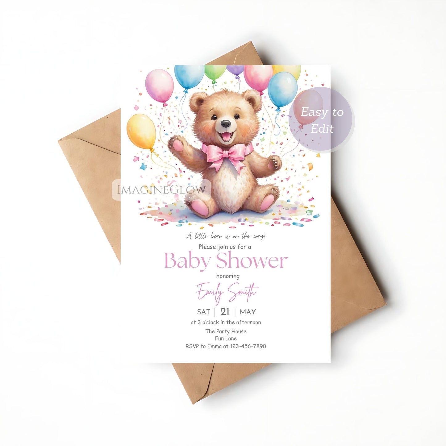 Floral bear baby girl shower invitation
