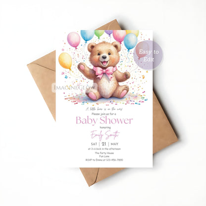 Floral bear baby girl shower invitation
