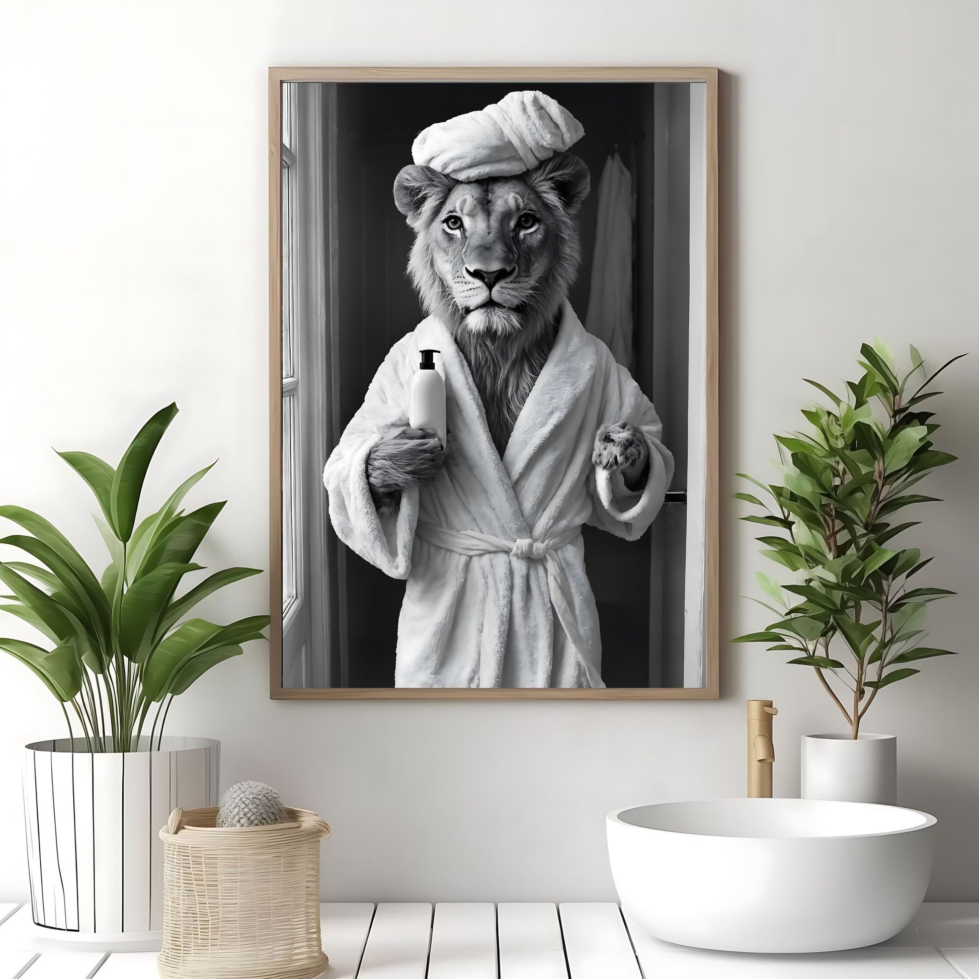 Washroom print featuring a whimsical lion as part of quirky bathroom decor.
