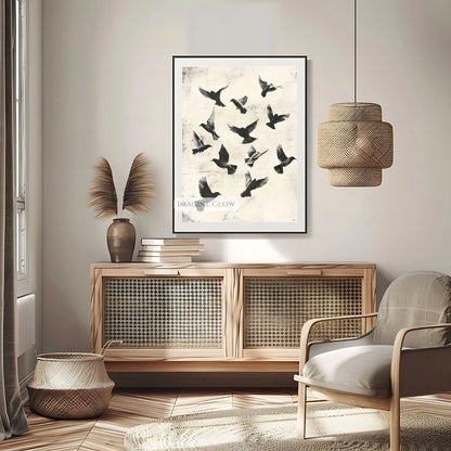 Minimalist bird flight art print with vintage charm.
