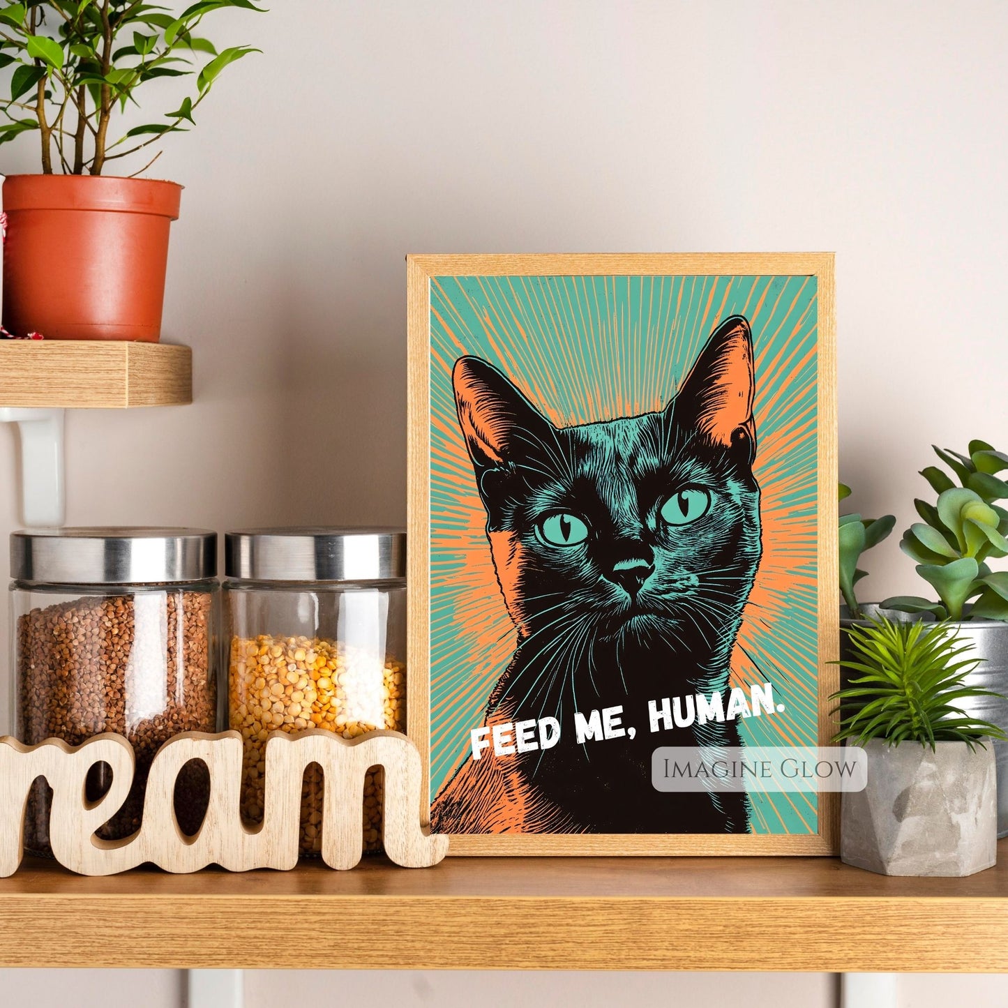 Colorful black cat pop art with playful "Feed Me, Human" text.
