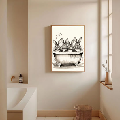 Black-and-white four bunnies soaking in a bathtub
