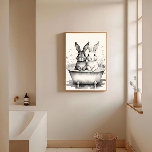 Two bunnies in bathtub black and white art print
