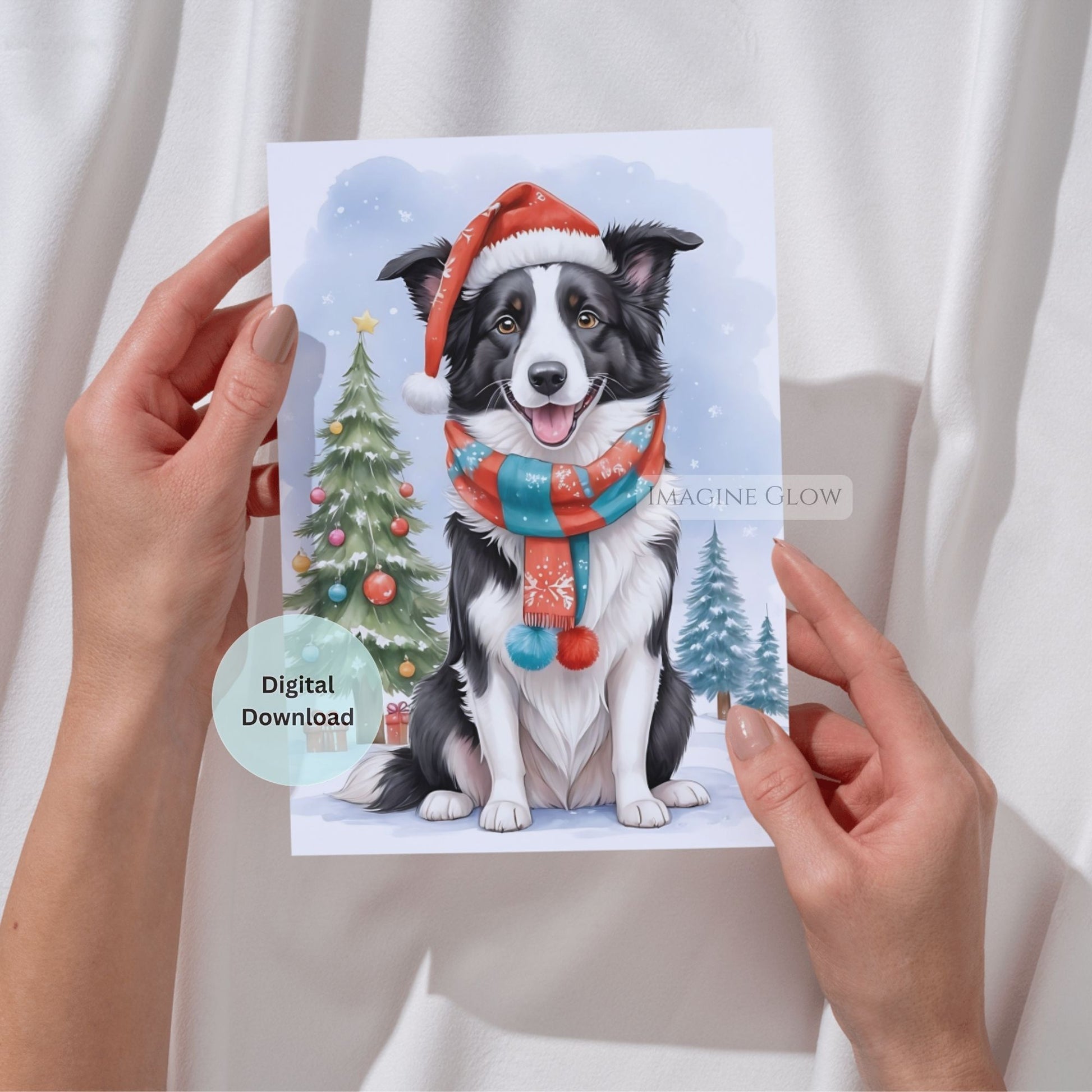Card with a dog wearing a Santa hat and scarf, held by hands against a white background.