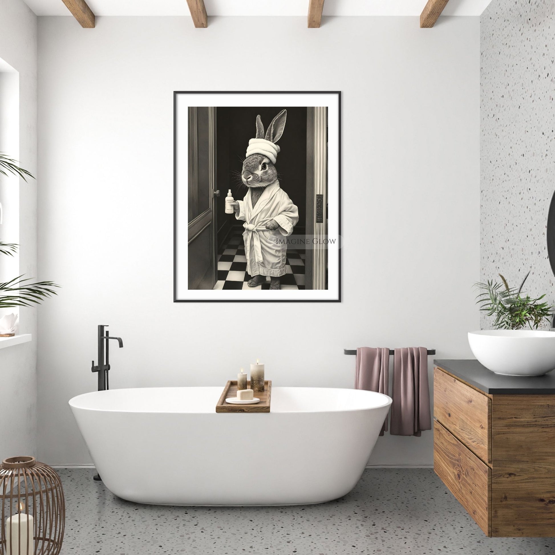 Cute bunny in bathrobe black and white bathroom art
