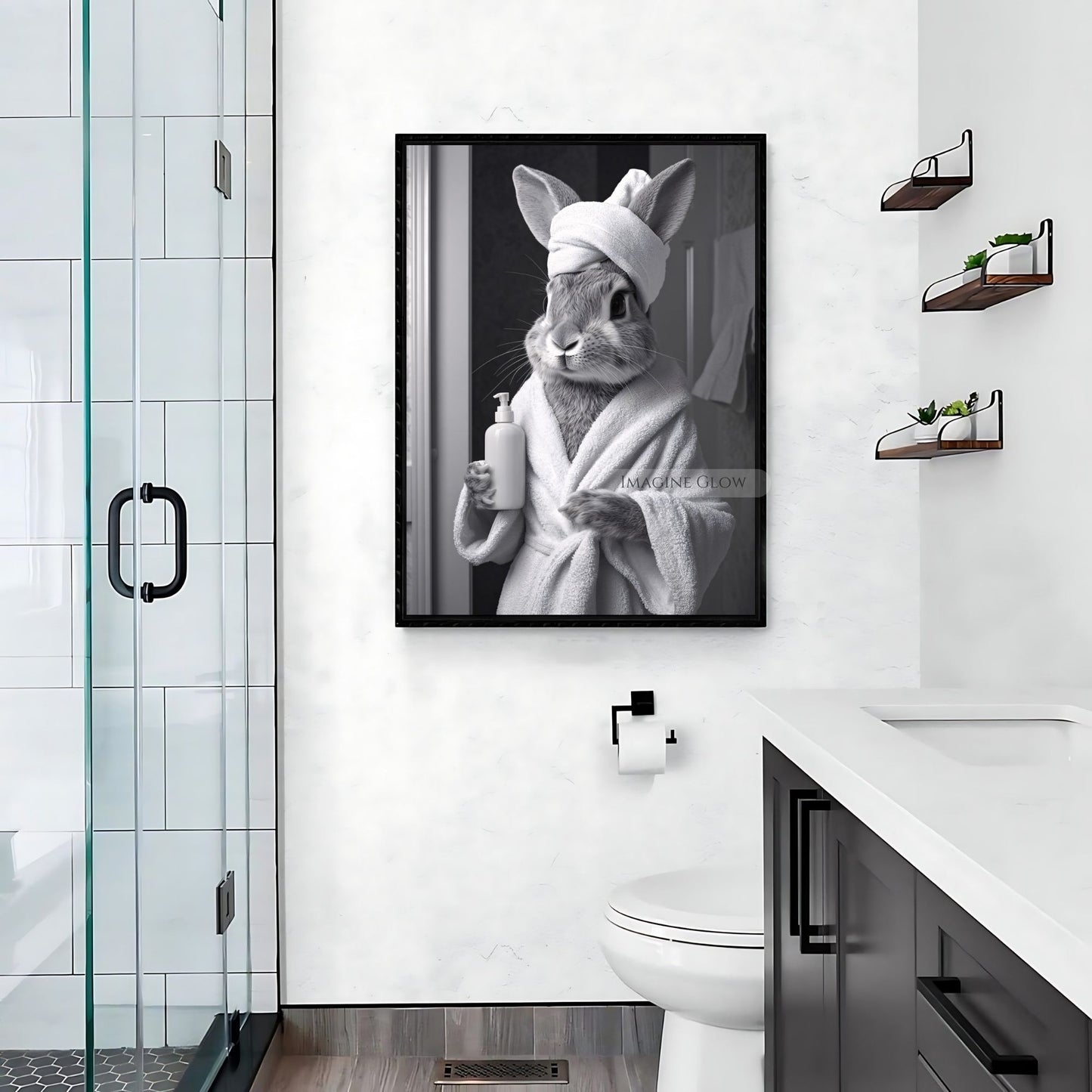 Playful bunny in bathrobe wall art for bathroom
