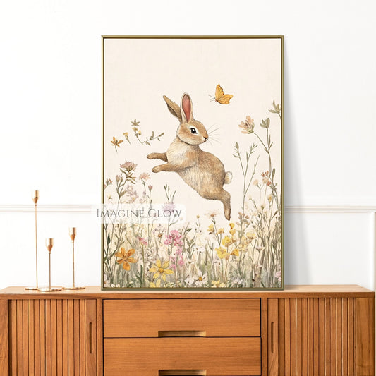 Bunny surrounded by wildflowers, perfect for nursery decor.
