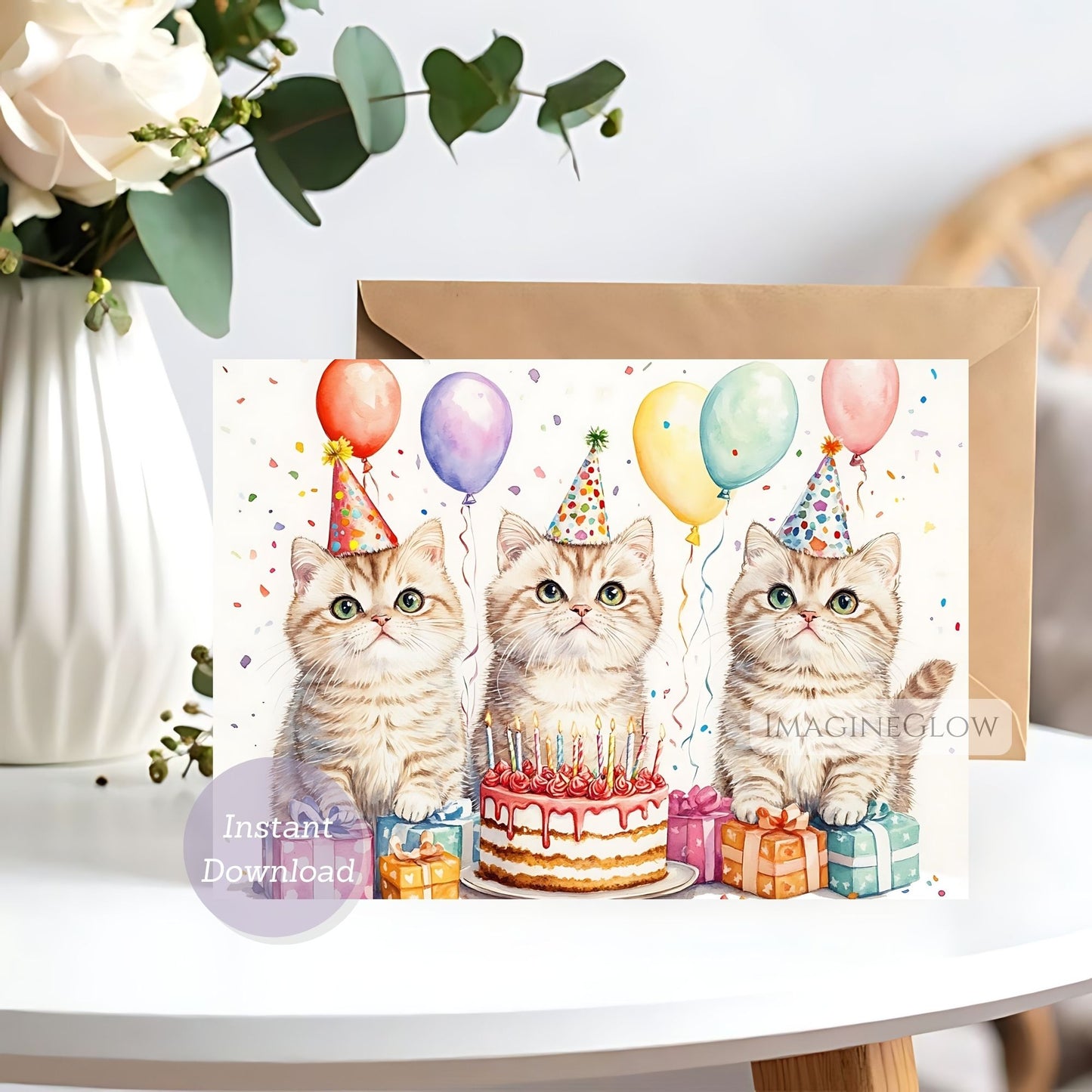 Birthday card with three cats, balloons, and a cake on a white surface.