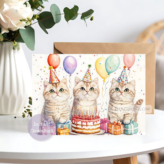Birthday card with three cats, balloons, and a cake on a white surface.