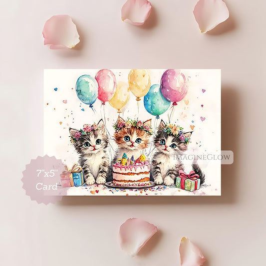 Card with three kittens celebrating a birthday, surrounded by balloons and a cake, on a light pink background.