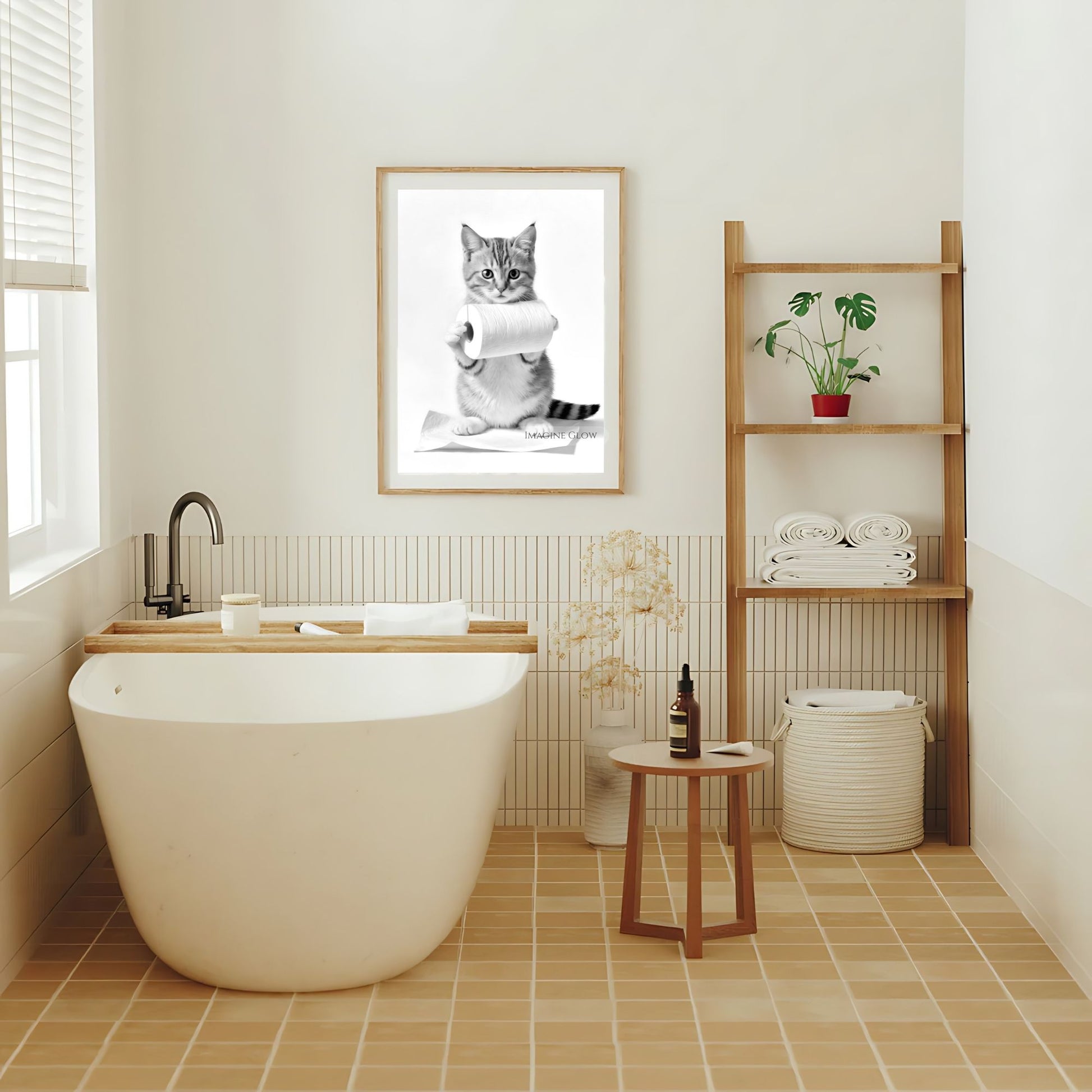 Funny cat bathroom poster holding toilet paper
