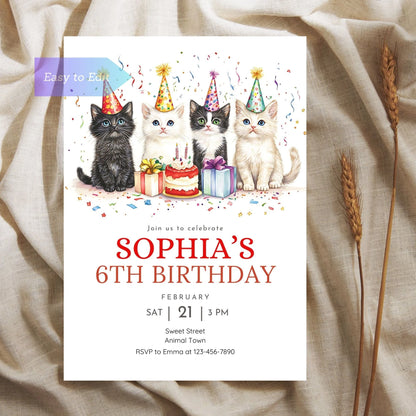 Editable kitty party card, perfect for cat-themed celebrations.
Printable cat invitation for a purr-fect birthday celebration.
