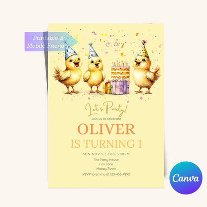 Personalized chick party invitation for farm-themed celebrations.
Kids' birthday invitation with a charming chick design.