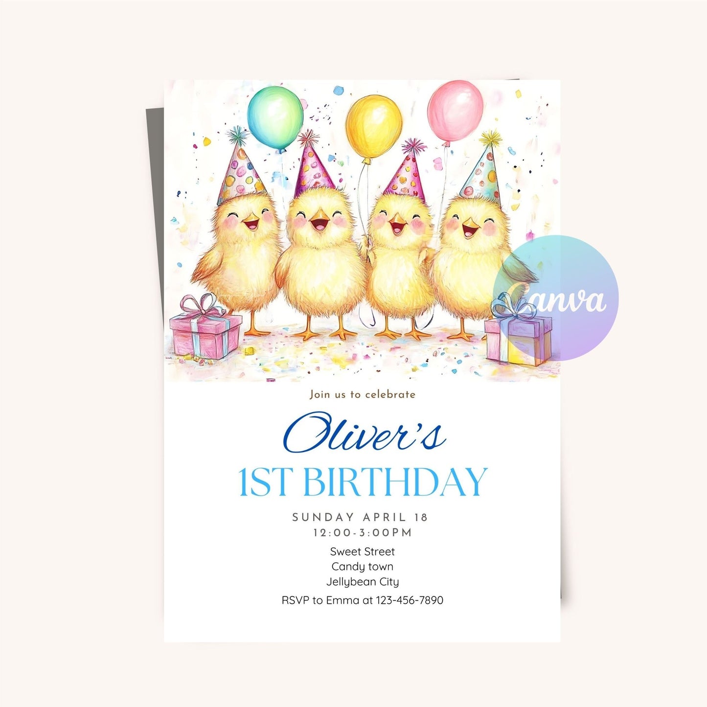 Cute baby chick birthday invite for a countryside-themed kids' party.
