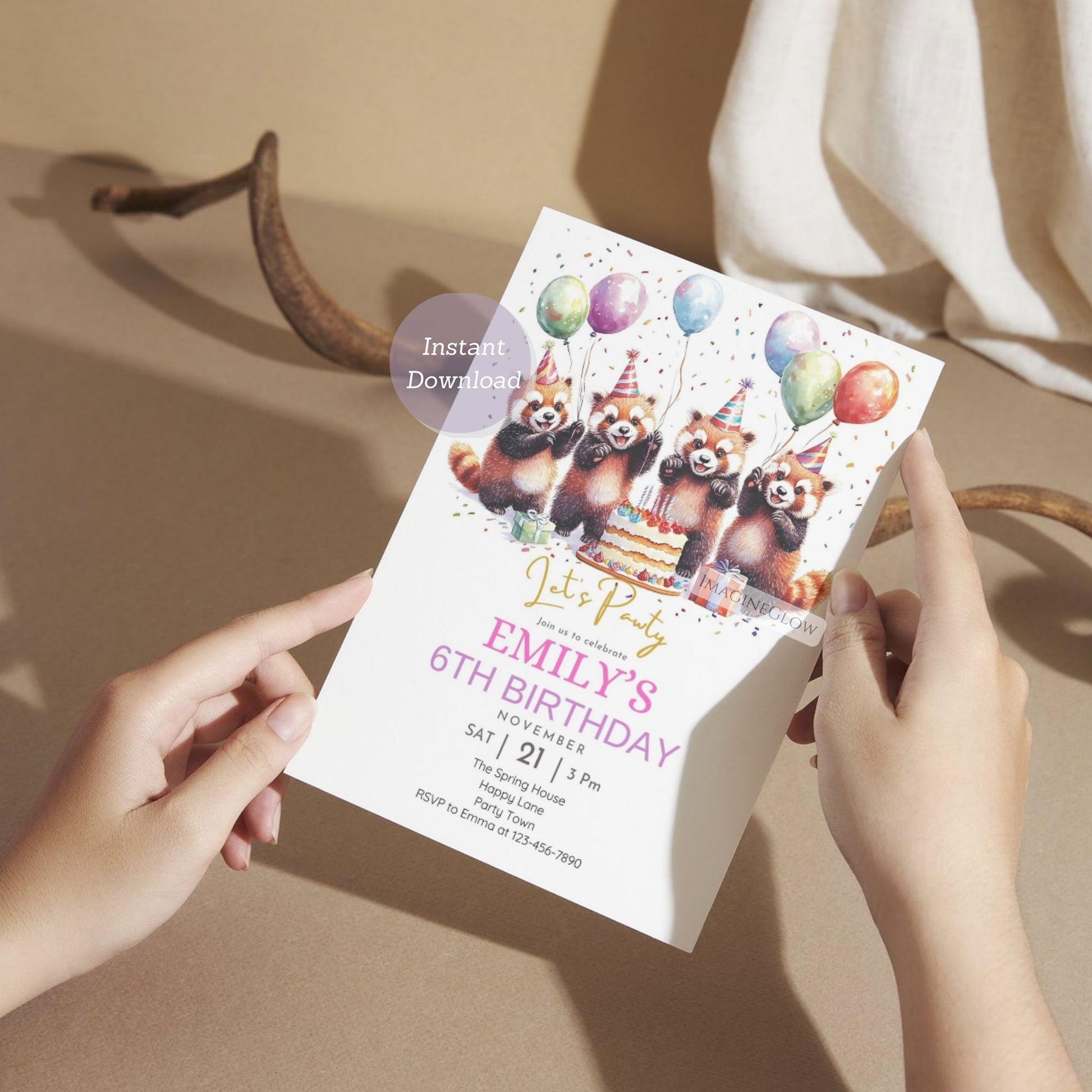 Digital download red panda birthday invite
