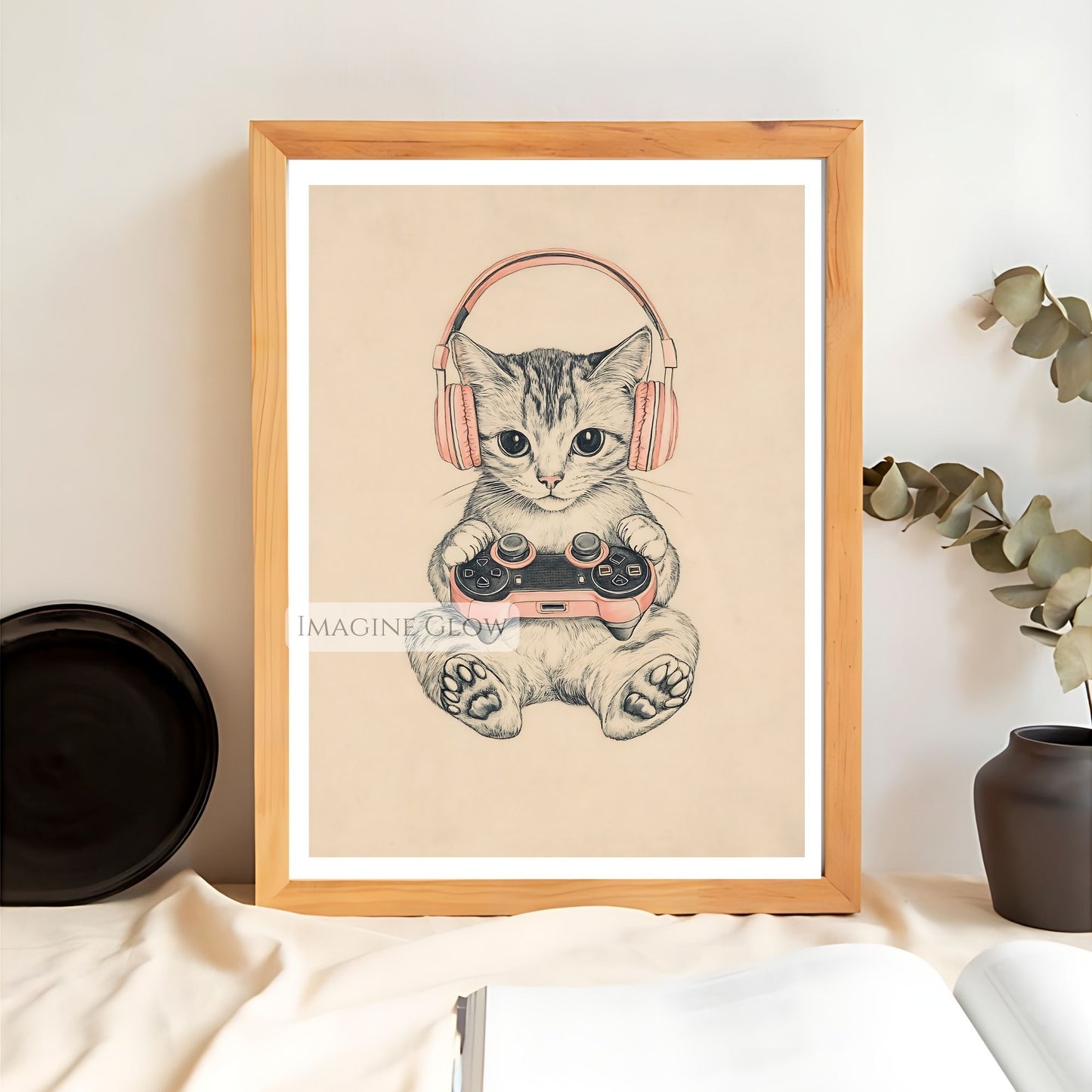 Pink gamer cat wall art with headphones
