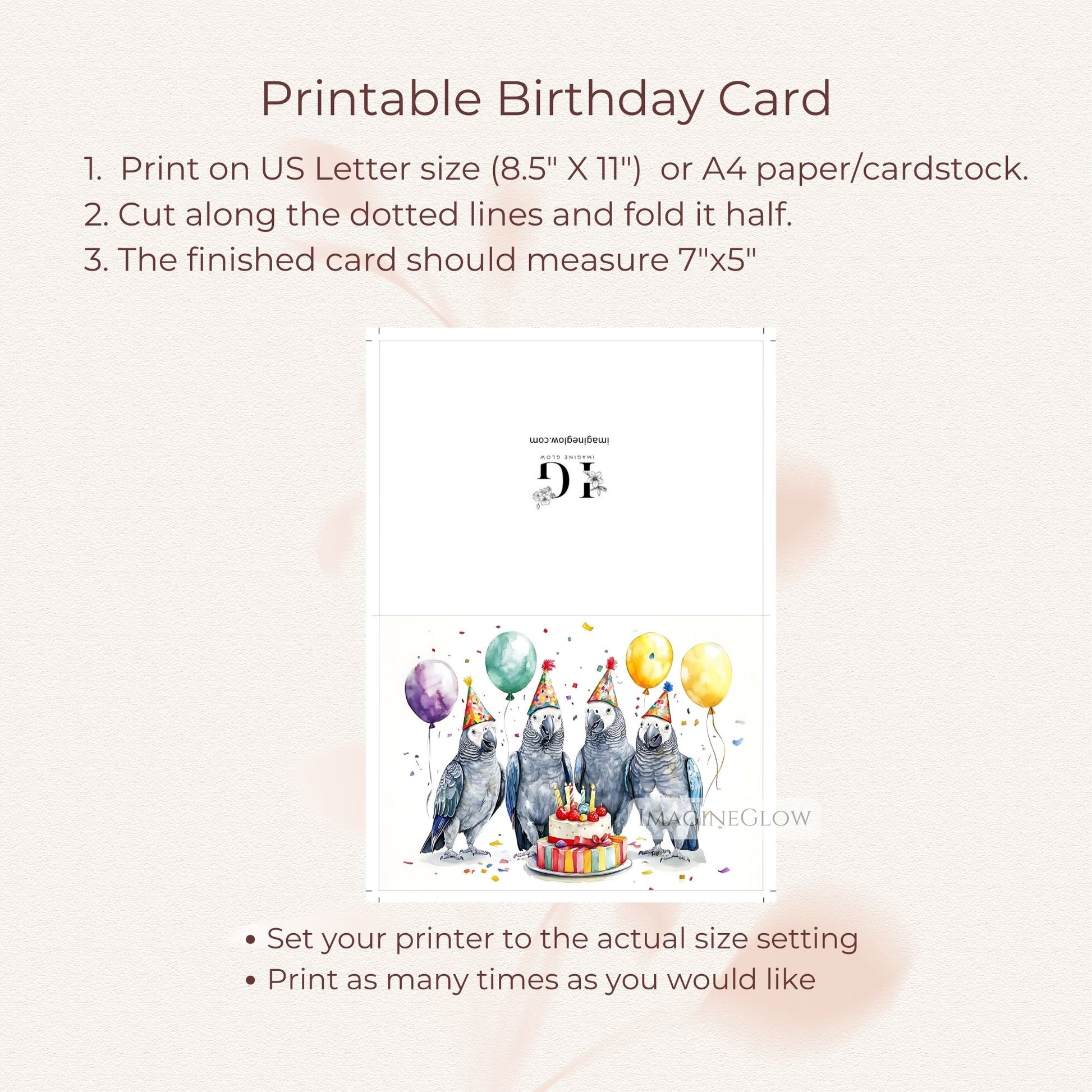 cheerful bird birthday card
printable parrot card
adorable grey parrot card
whimsical birthday card