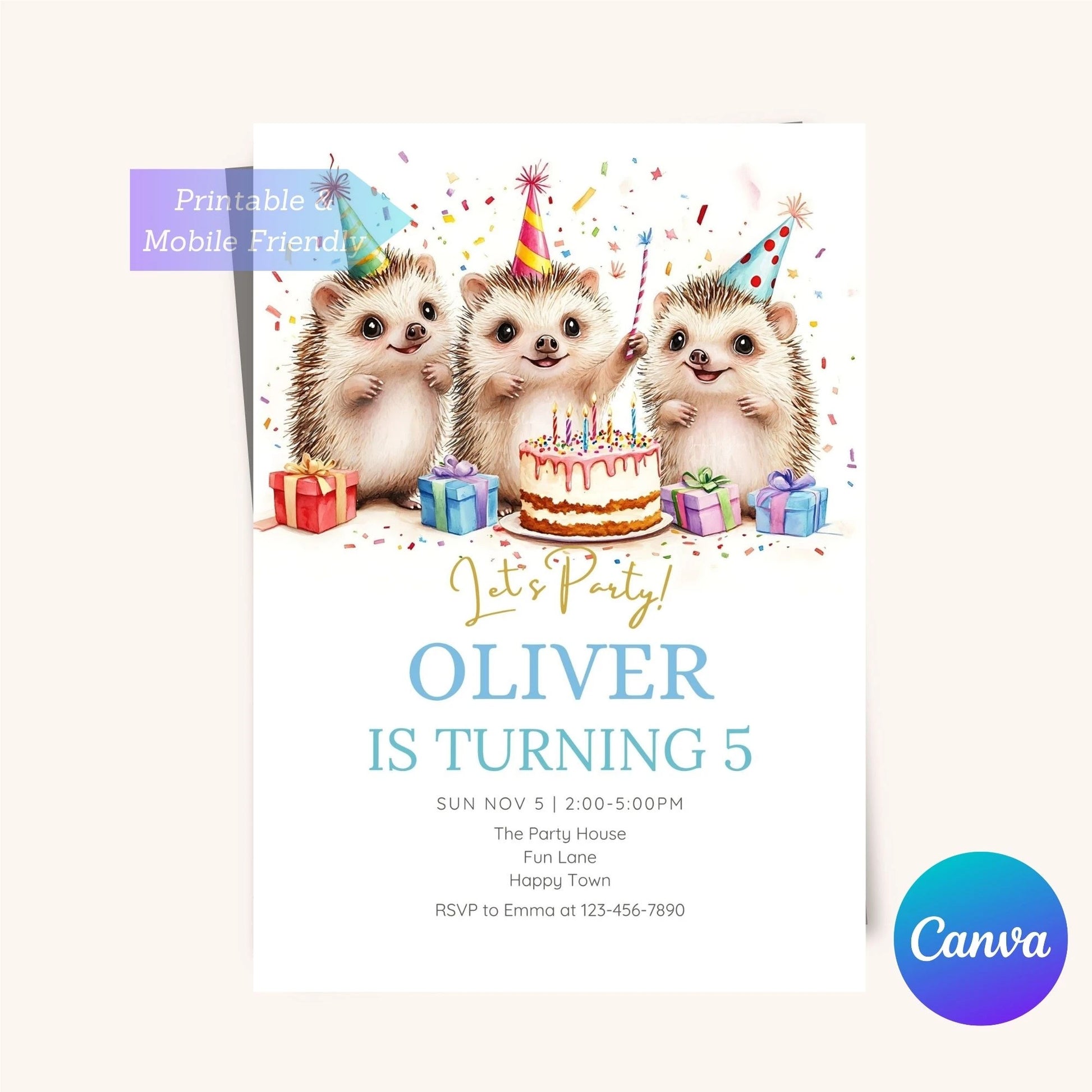 Rustic woodland creature birthday invitation with a hedgehog.
