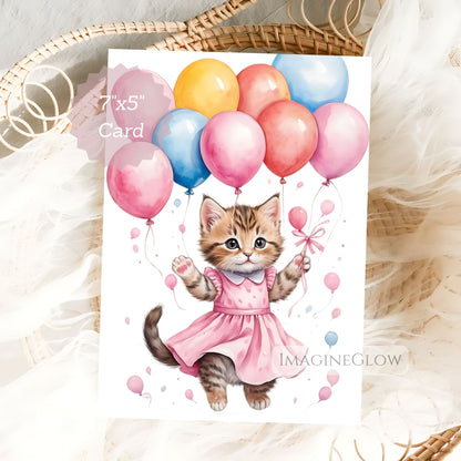 Card with a kitten in a pink dress holding balloons on a white background