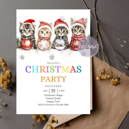 Cute kittens Christmas party invitation with festive holiday design.
