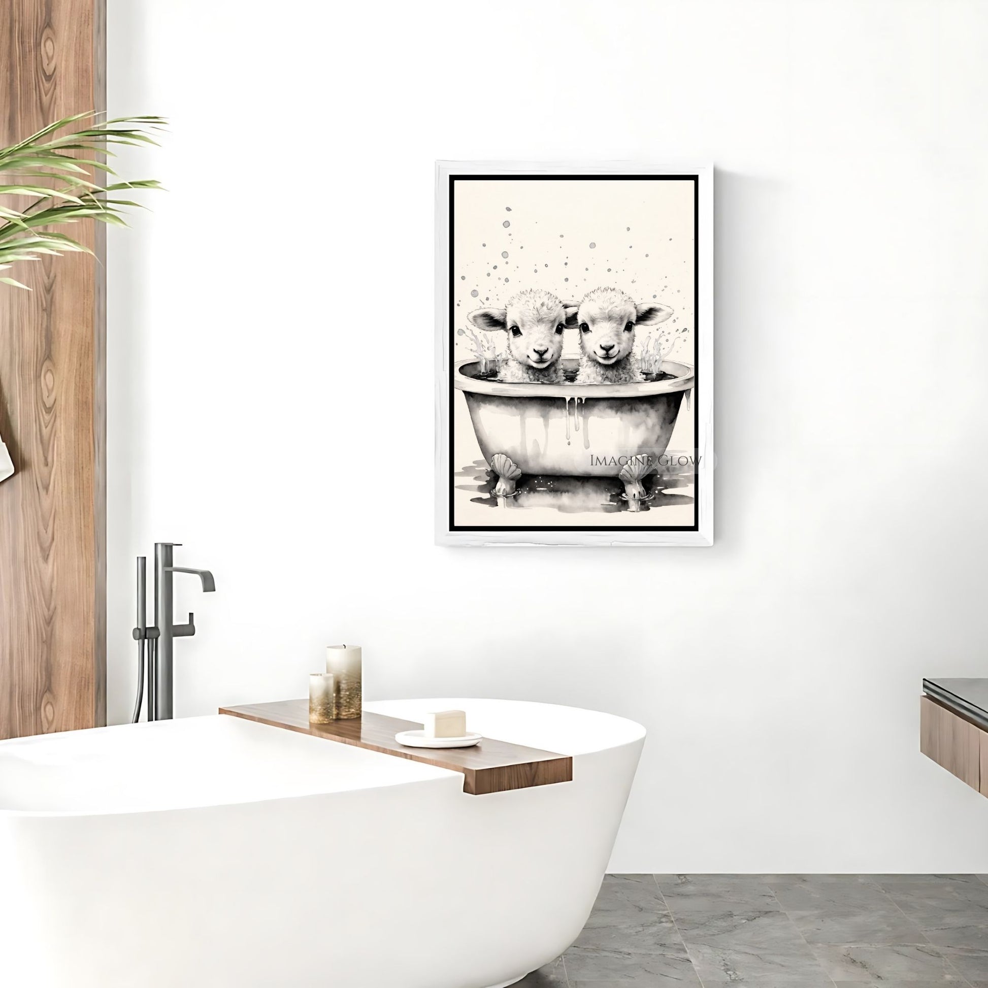 Rustic farmhouse bath print with two lambs in a tub
