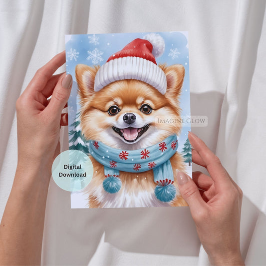 Card with a dog wearing a Santa hat and scarf held by hands against a white background