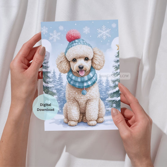 Person holding a digital download card with a dog wearing winter clothing on a snowy background