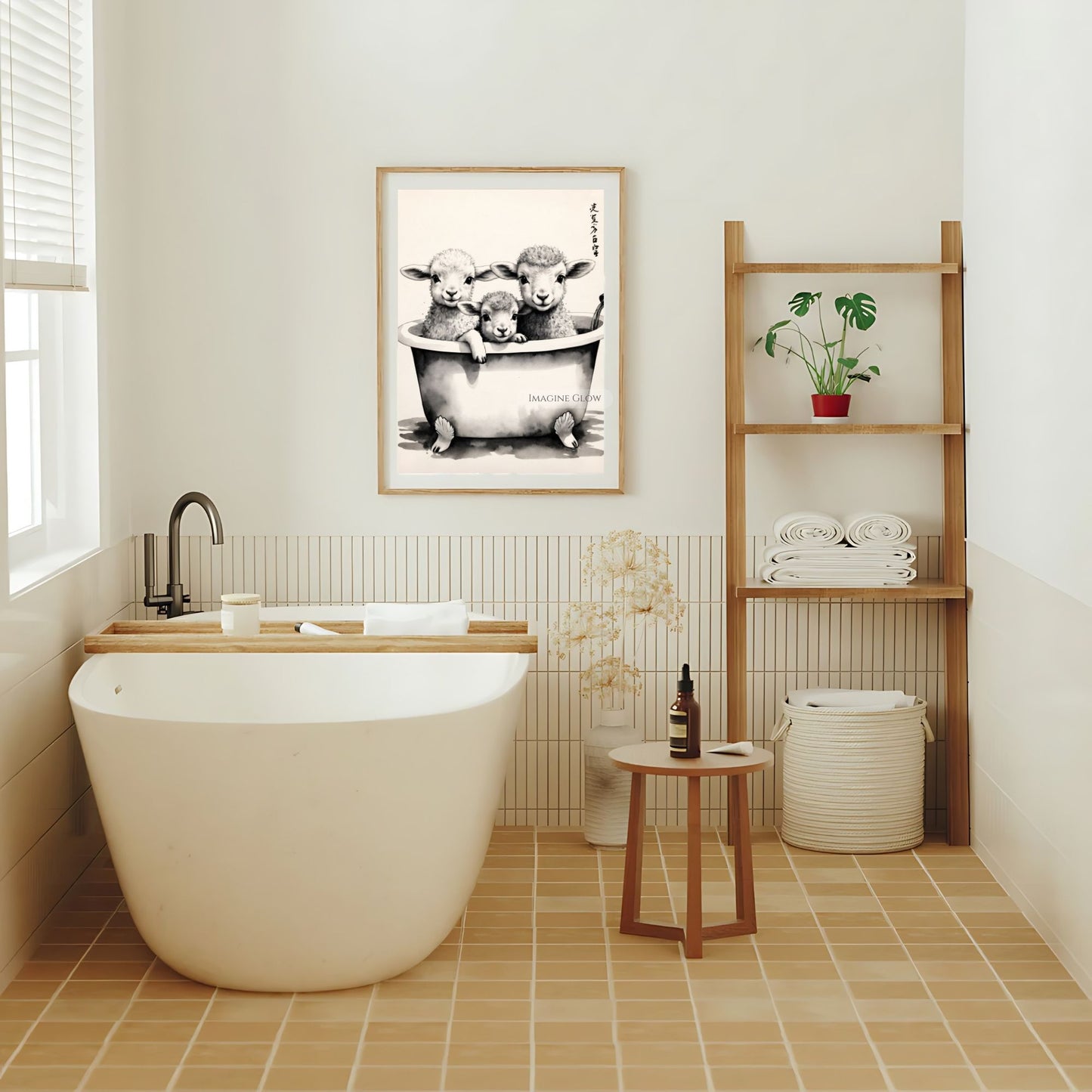 Cute fluffy lambs in bathtub rustic animal wall decor
