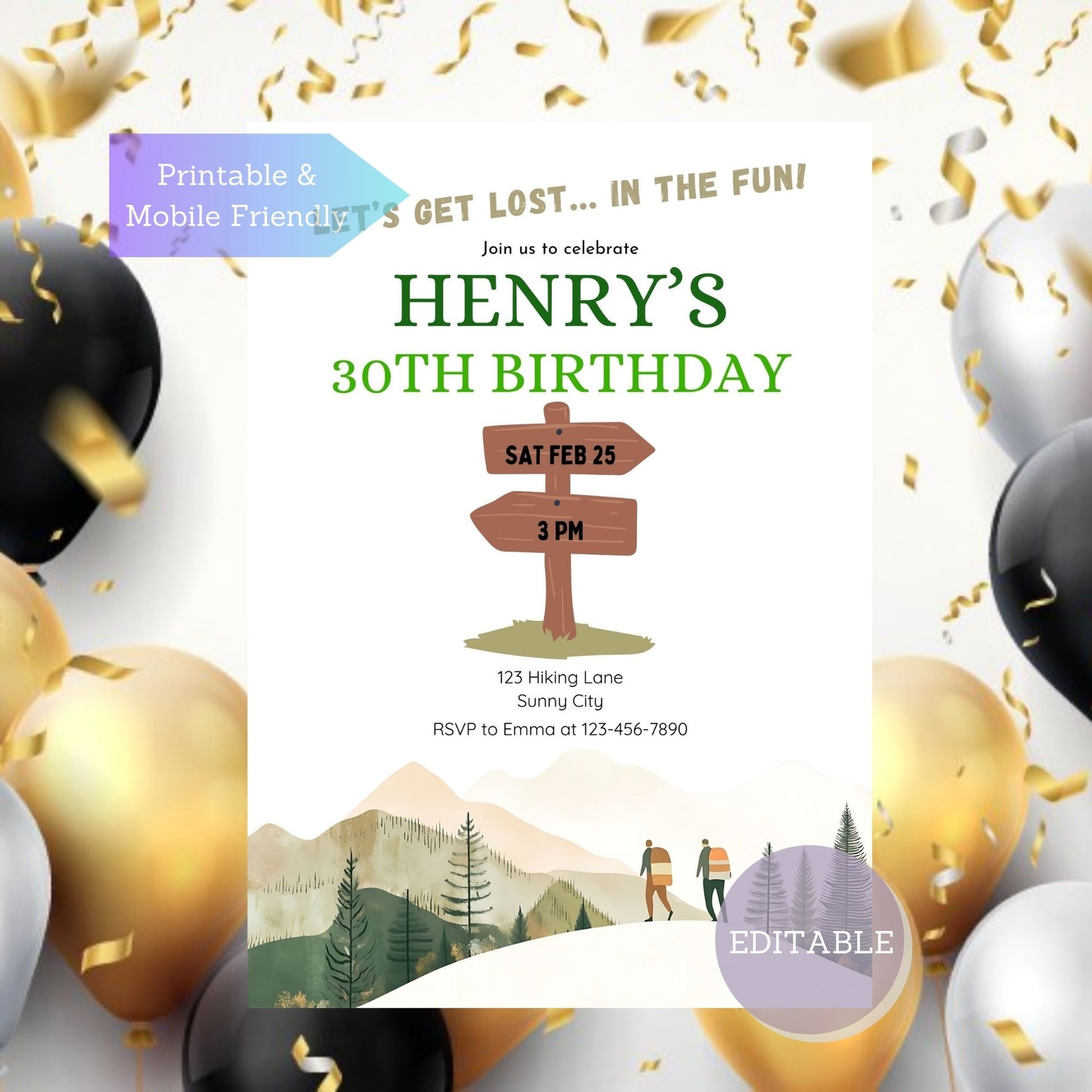 Customizable adventure party invite for hiking-themed celebrations.