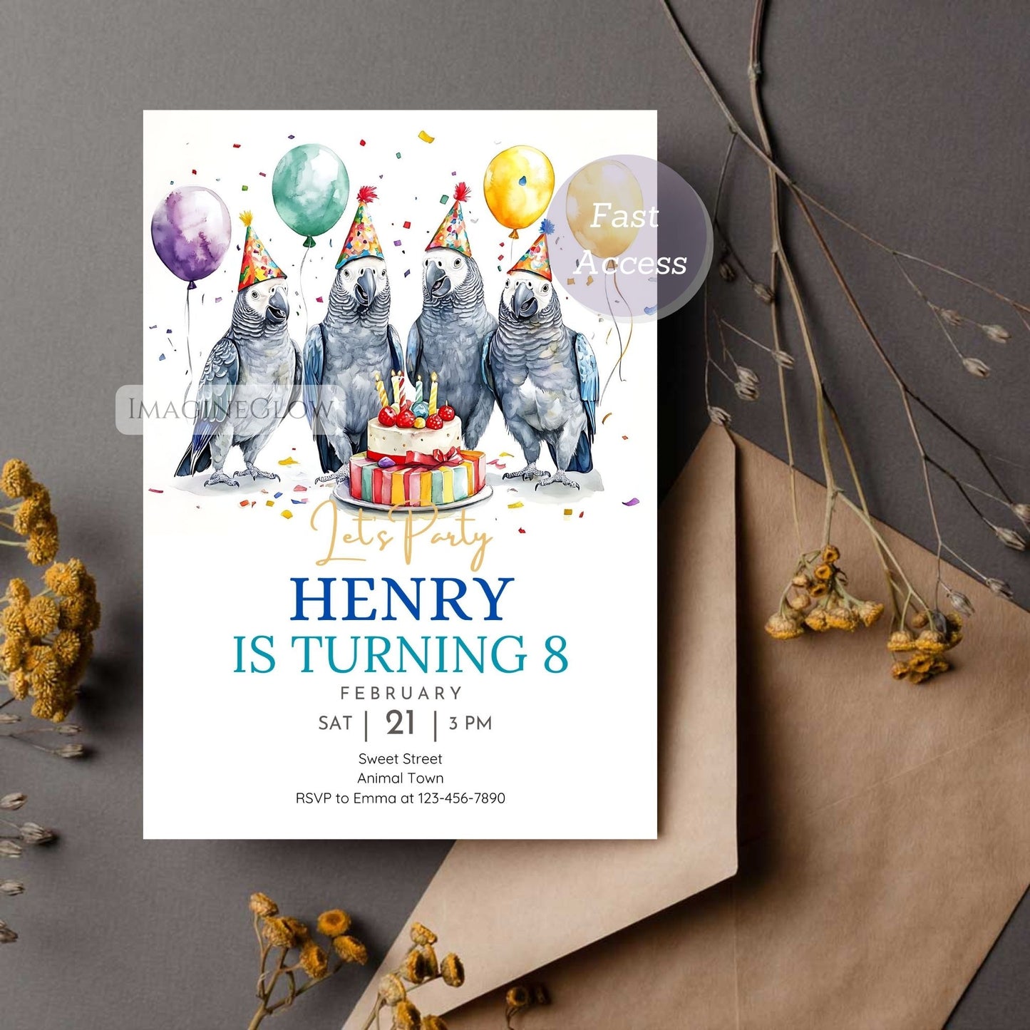 African Grey Parrot birthday invitation printable
