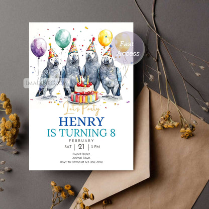 African Grey Parrot birthday invitation printable
