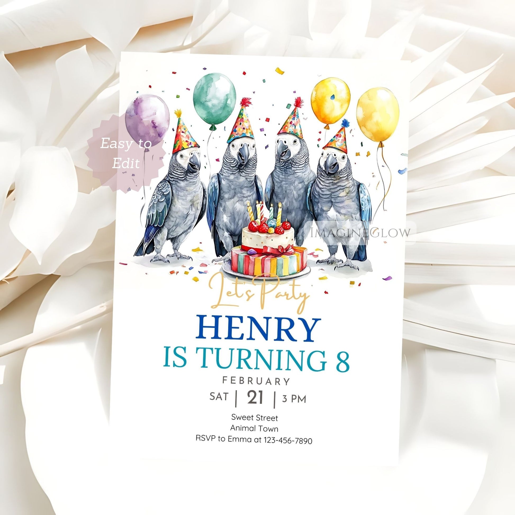 Bird themed birthday party invitation featuring African Grey

