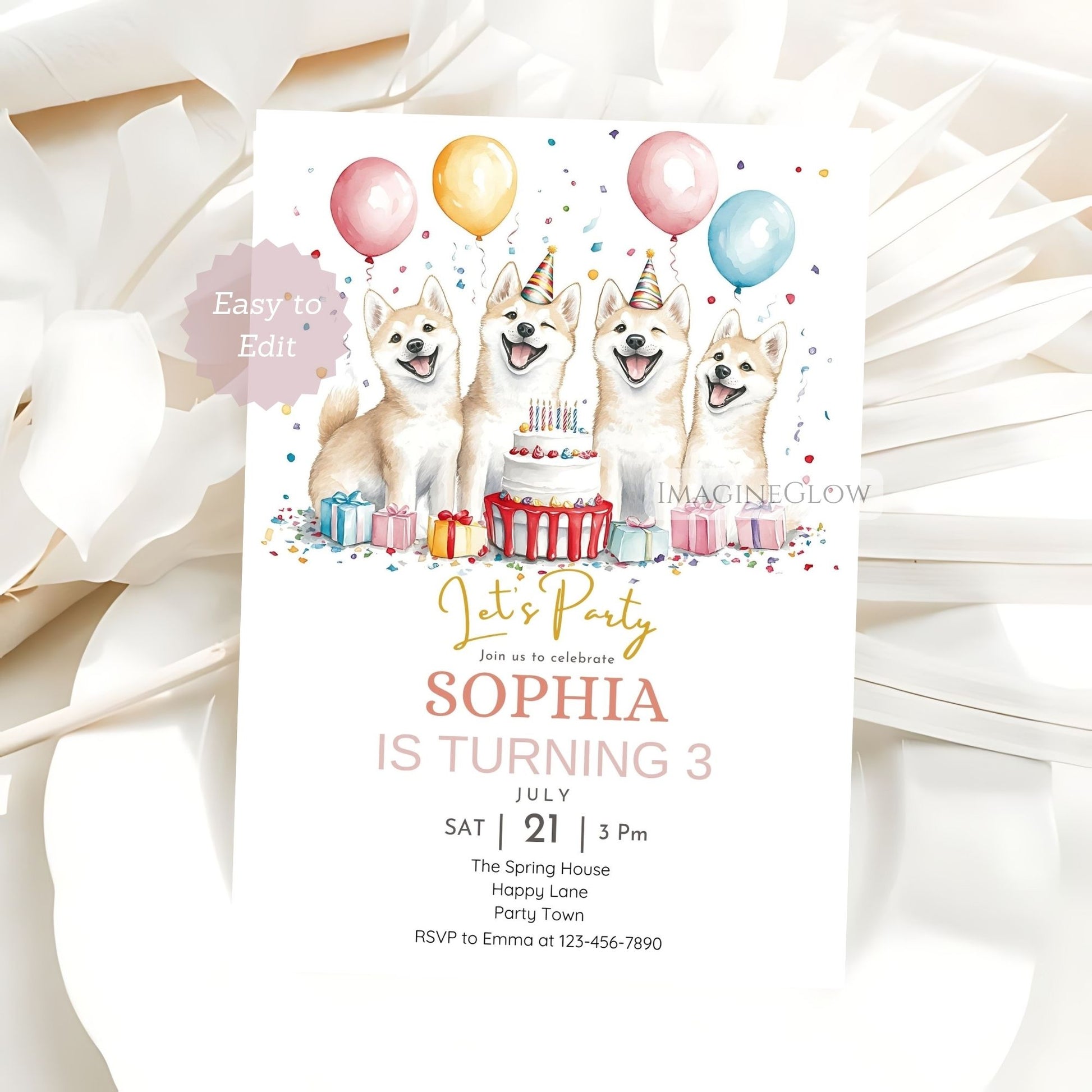 Loyal Akita dog birthday party invitation editable