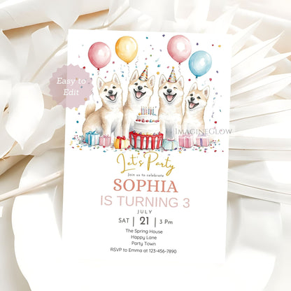 Loyal Akita dog birthday party invitation editable