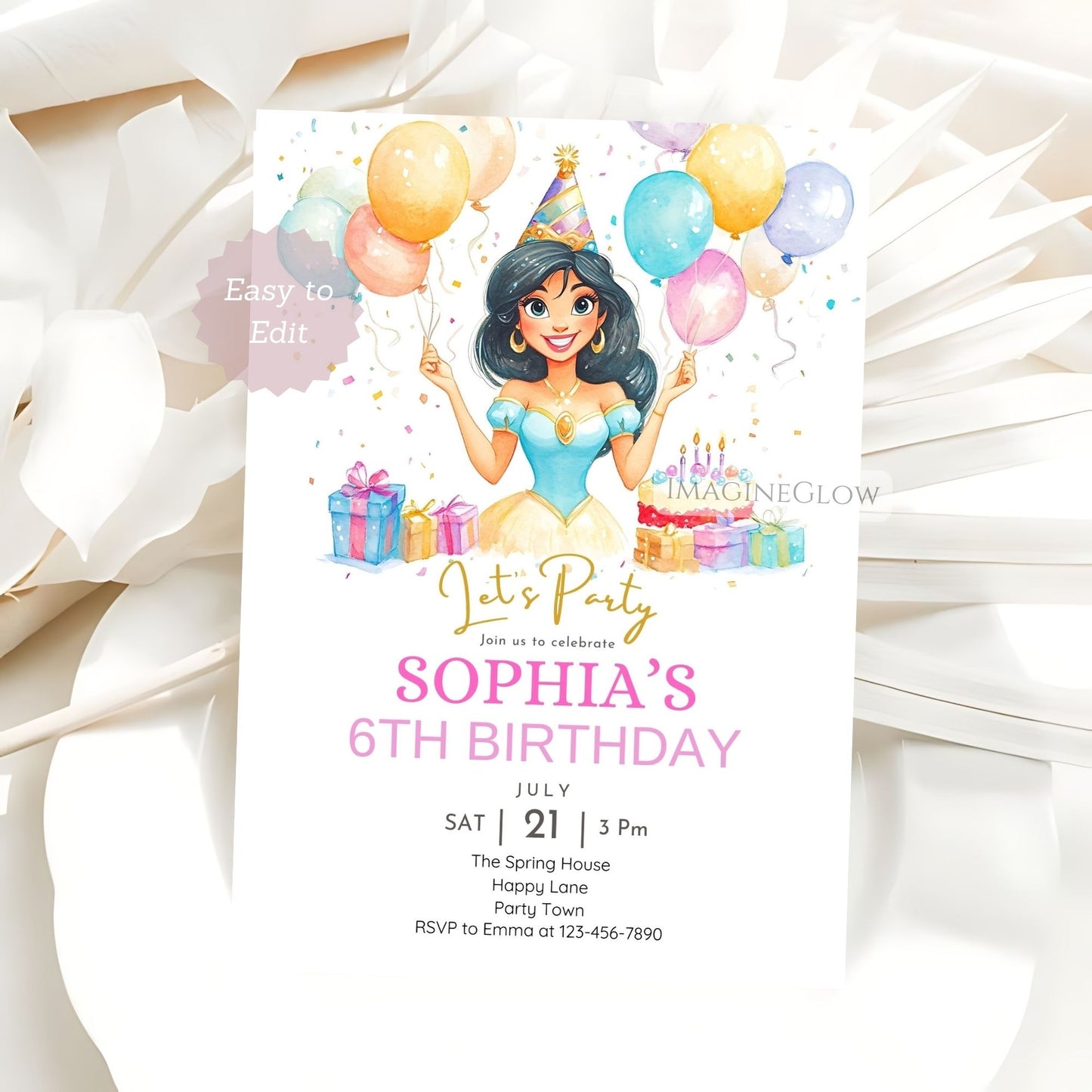 Aladdin-inspired digital birthday invite for girls
