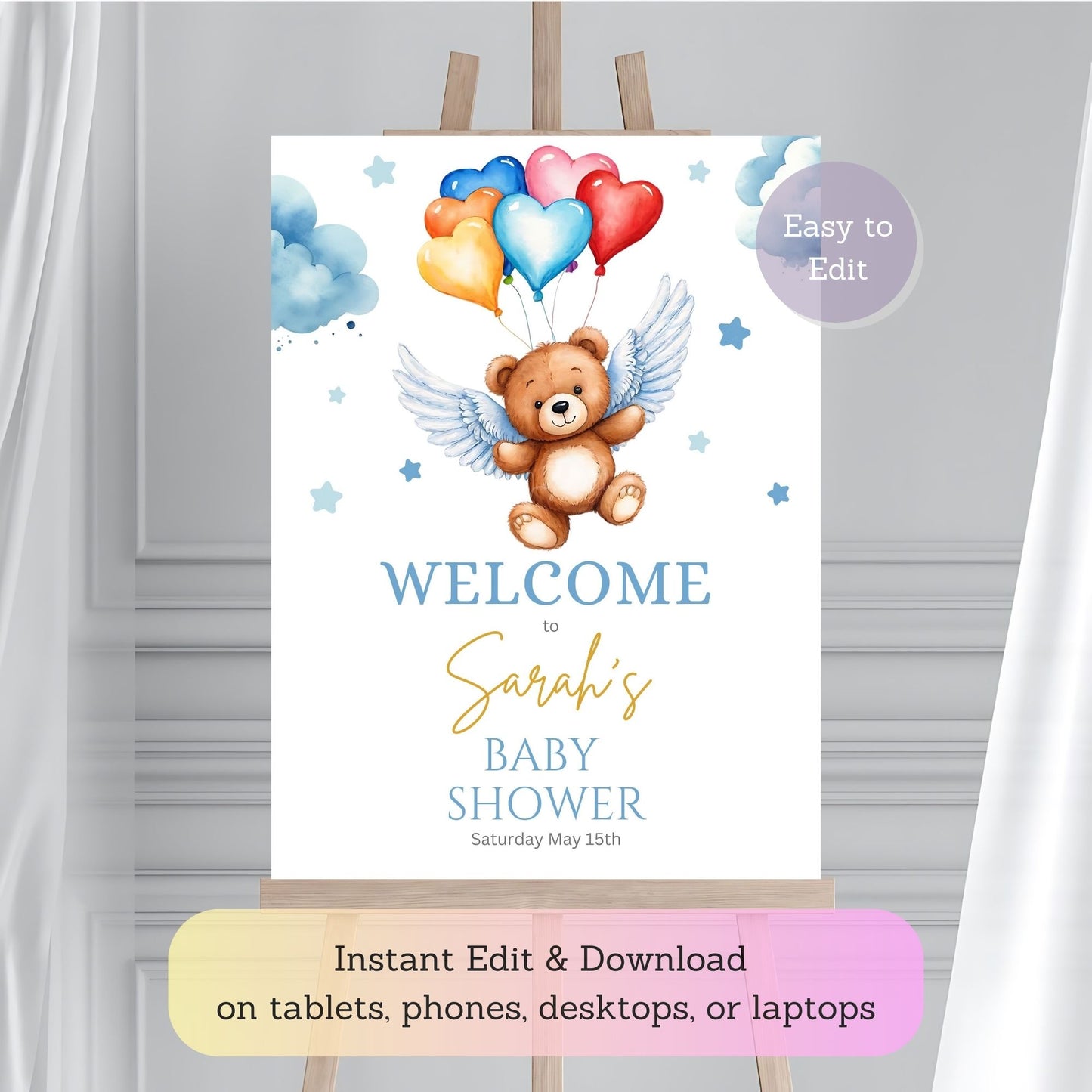 Balloon-themed baby shower poster with teddy bear illustration.
