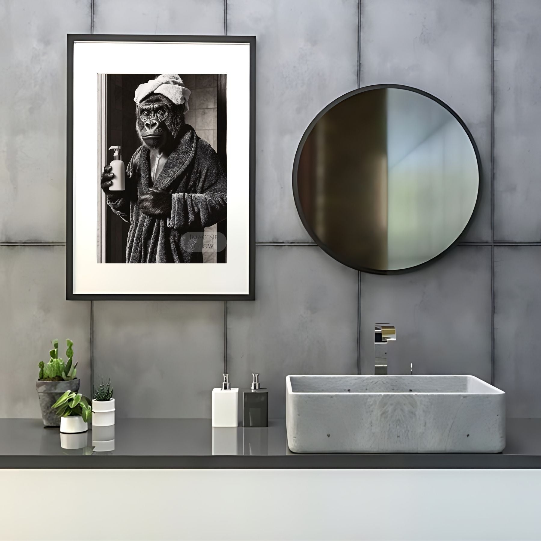 Black and white gorilla print for quirky bathroom wall art
