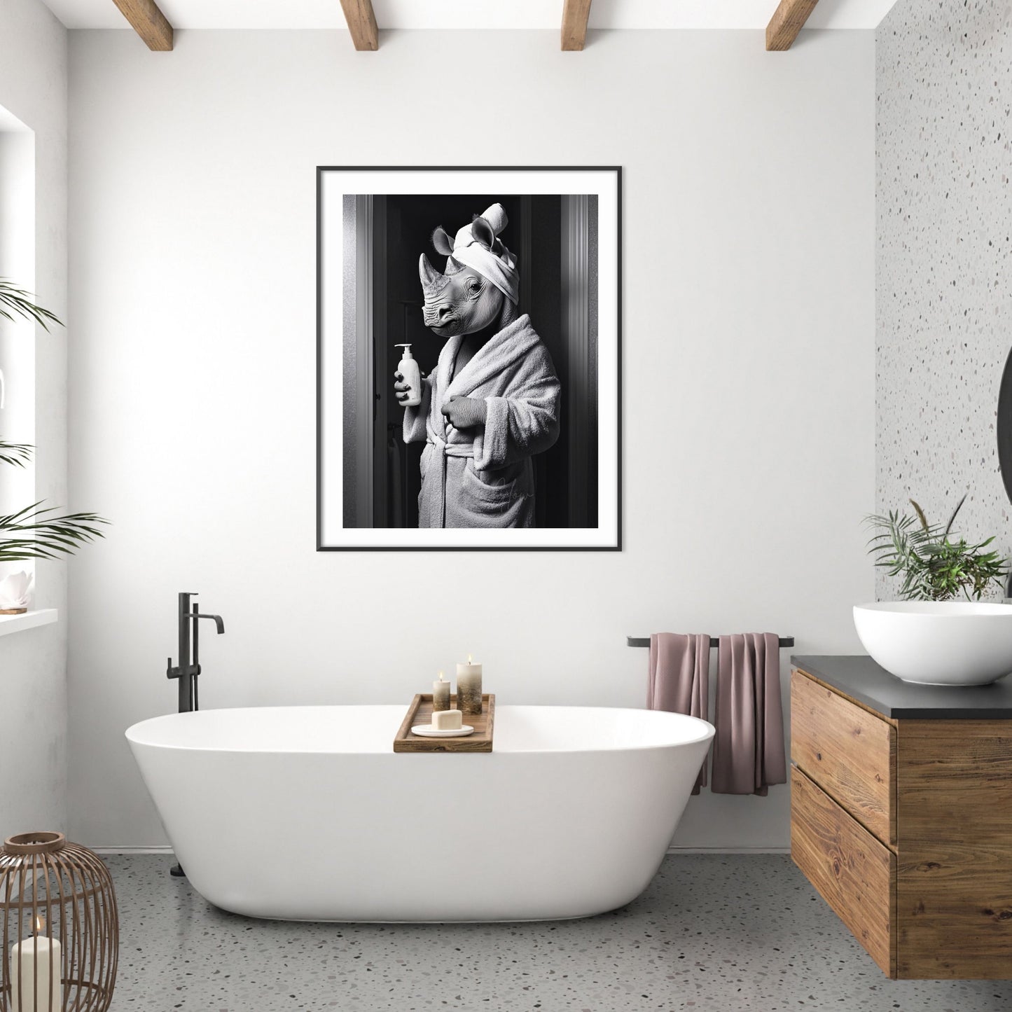 Minimalist bathroom decor featuring black and white rhino toilet print.
