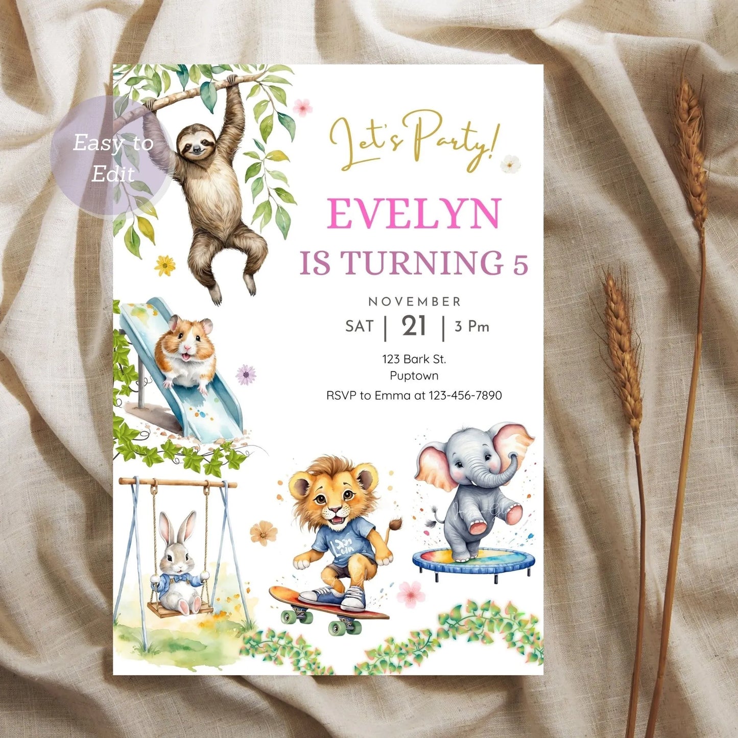 Safari jungle animal party invite for kids birthday celebration.
