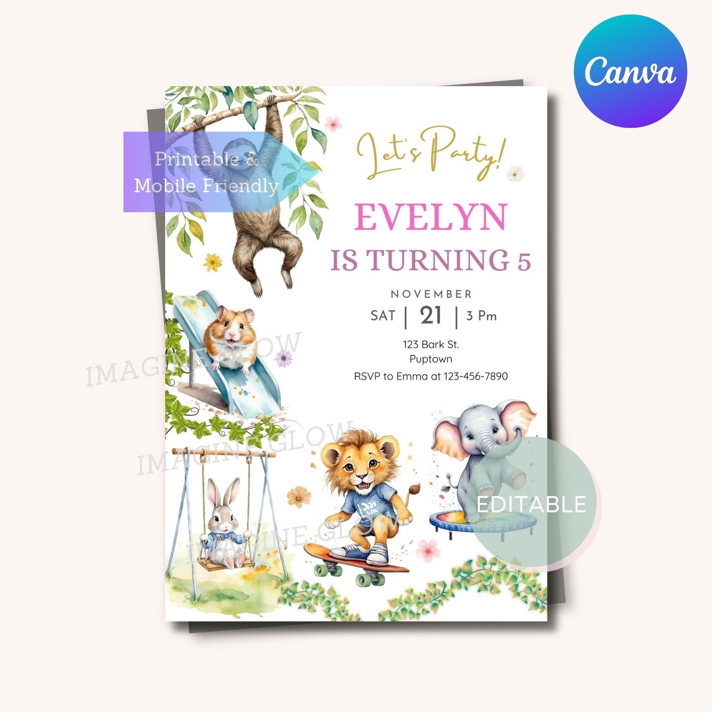 Customizable animal-themed birthday invitation template, printable and mobile