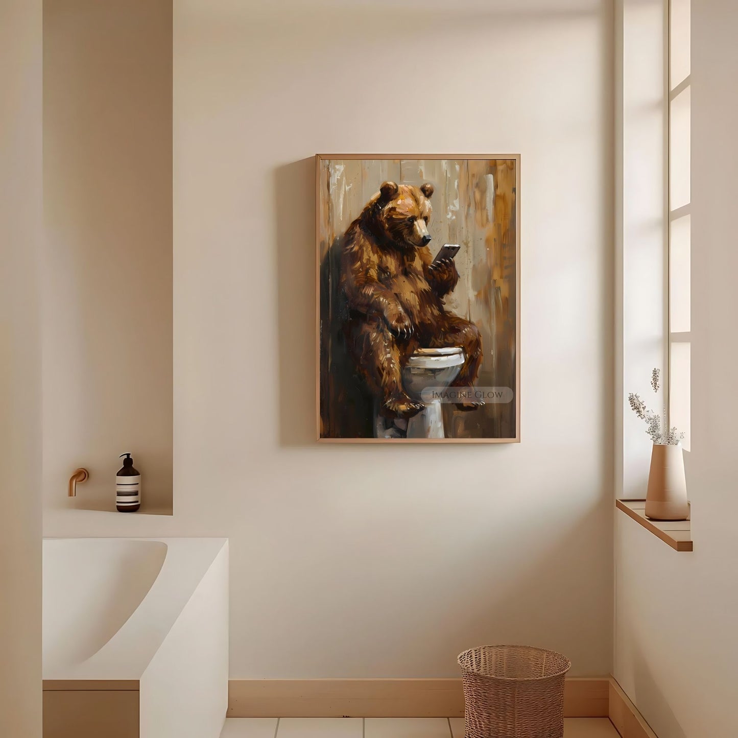 Bear with phone print for funny bathroom wall art
